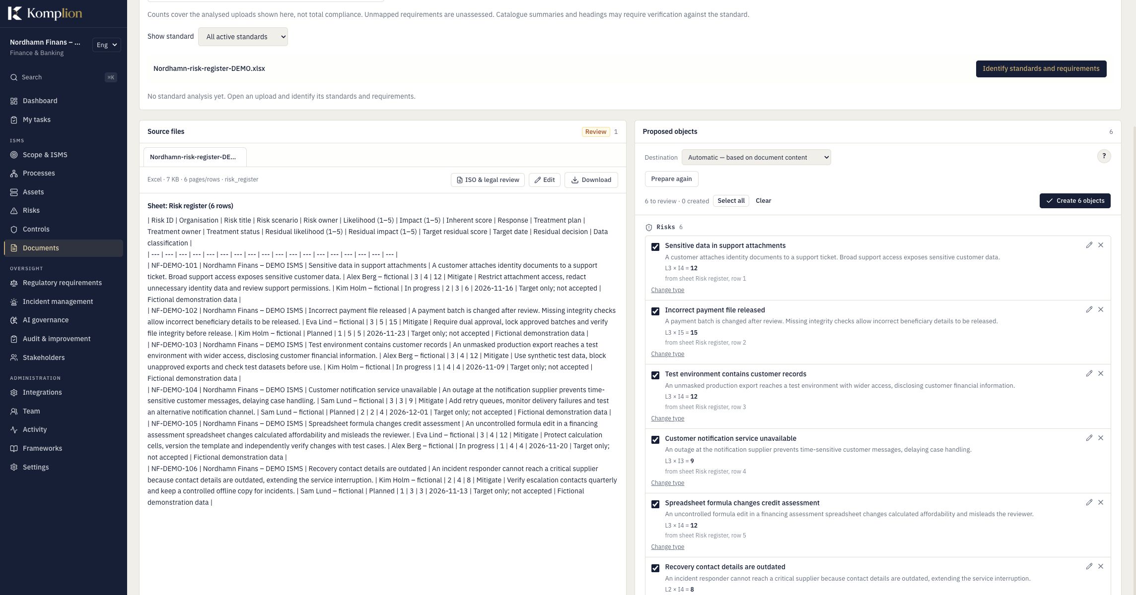 AI ingestion review with six proposed risks from Nordhamn’s example spreadsheet