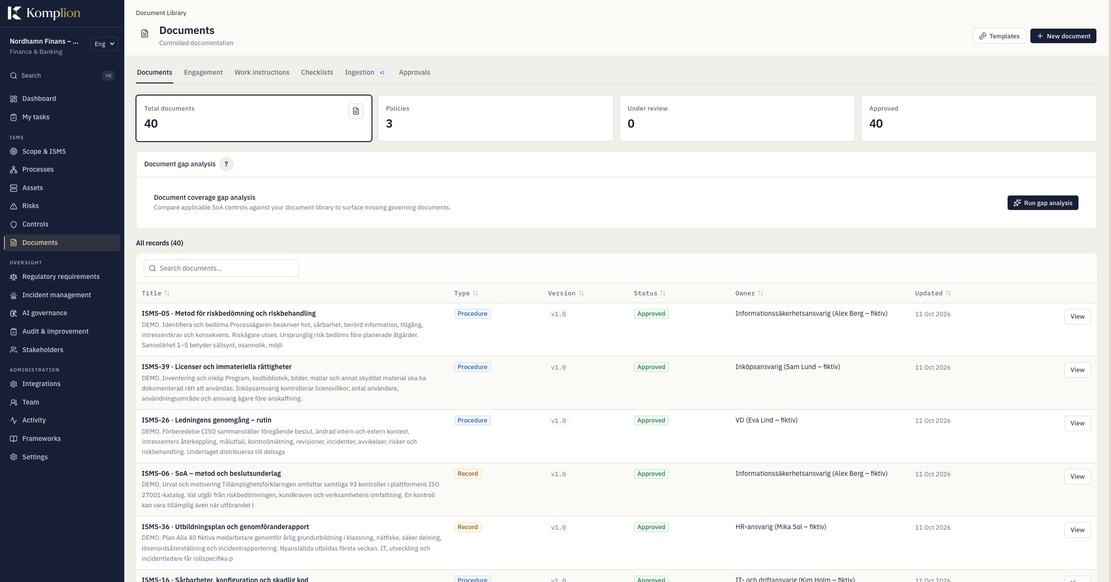 Nordhamn document library with owners, versions and approval status